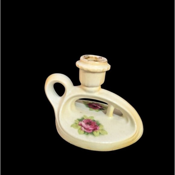 Vintage Ceramic Porcelain Chamberstick Candle Holder With Pink Rose Design ag - Picture 3 of 11